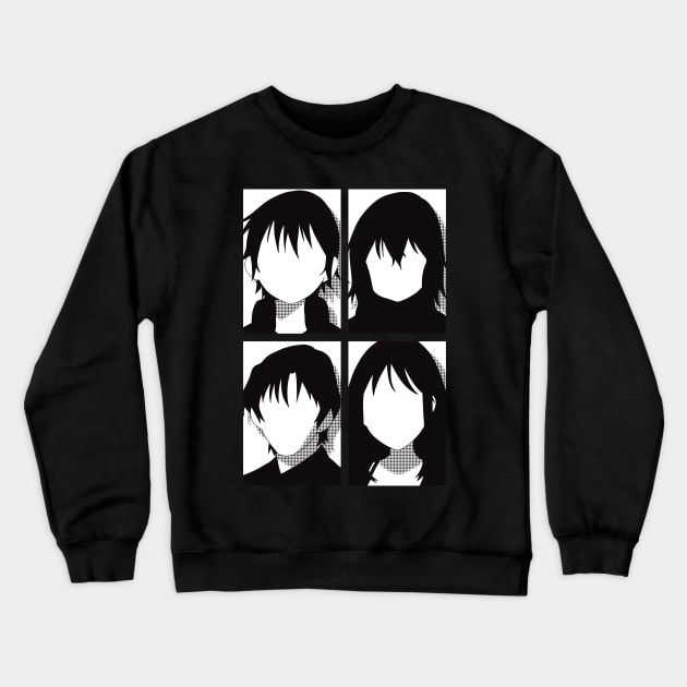 Erased anime | All main character in black and white pop art minimalist design | Satoru fujinuma x Kayo hinazuki x Airi katagiri x Gaku yashiro Crewneck Sweatshirt by Animangapoi